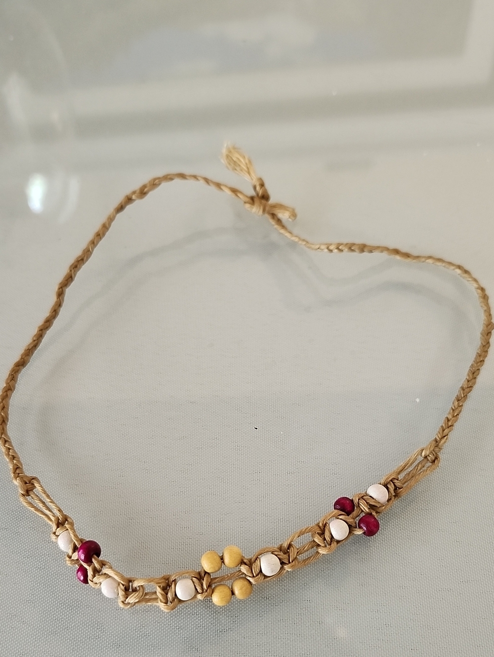 Vintage  Macrame Handmade Boho Beige Braided Necklace with Pink and Cream Beads - Picture 4 of 4